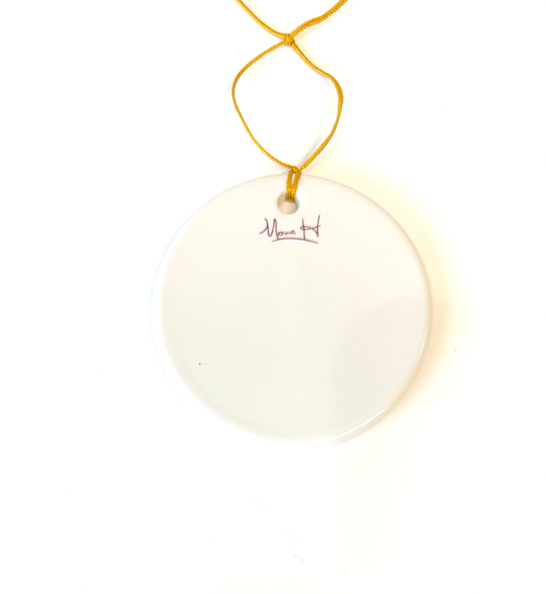 White Round Porcelain Ornament – Flamingos, 2.75”