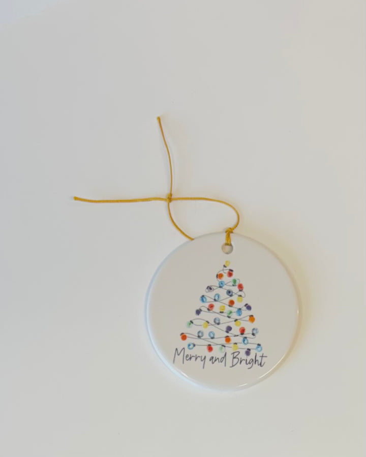 White Round Porcelain Ornament – “Merry and Bright” Christmas Tree, 2.75”