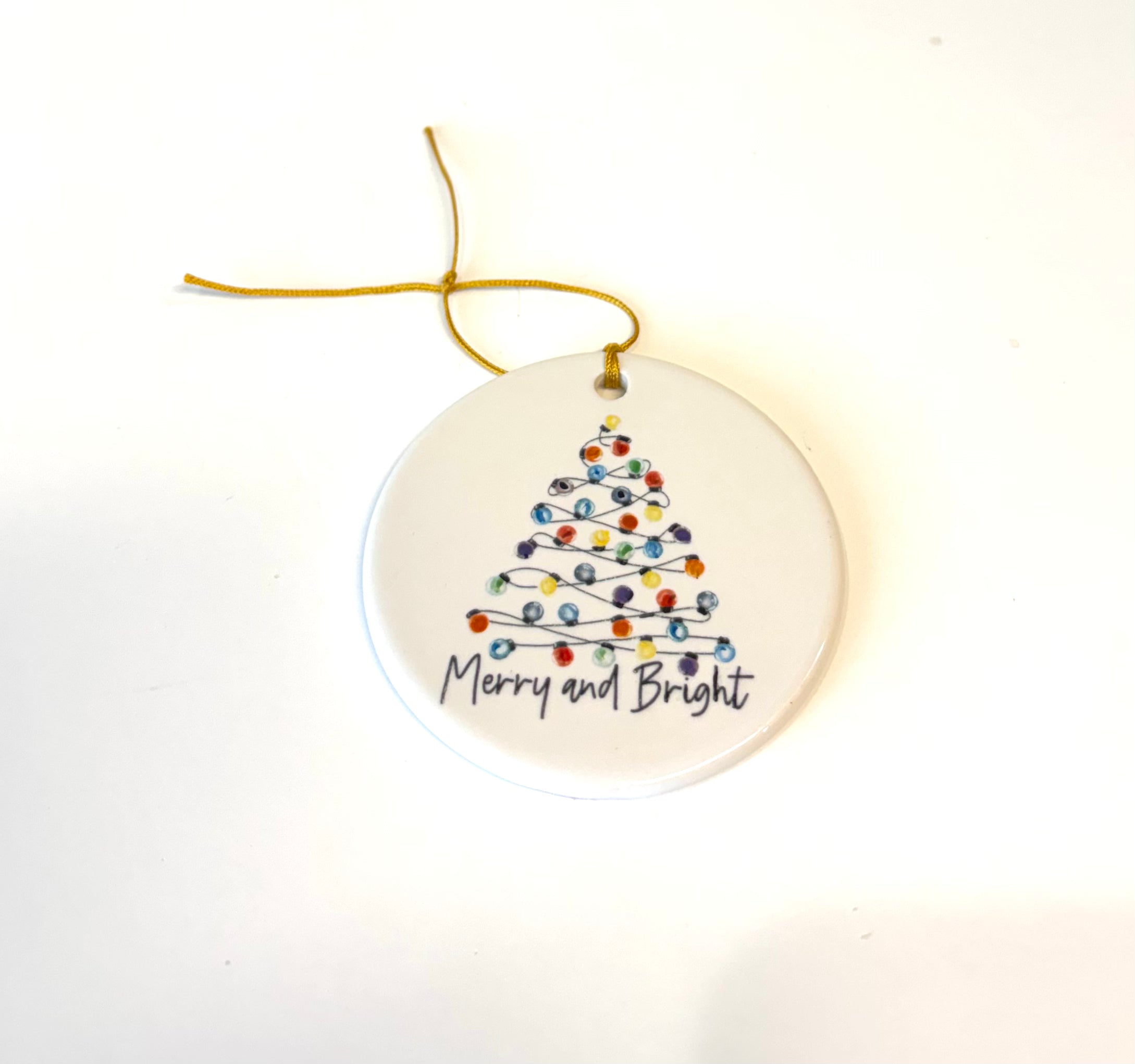 White Round Porcelain Ornament – “Merry and Bright” Christmas Tree, 2.75”