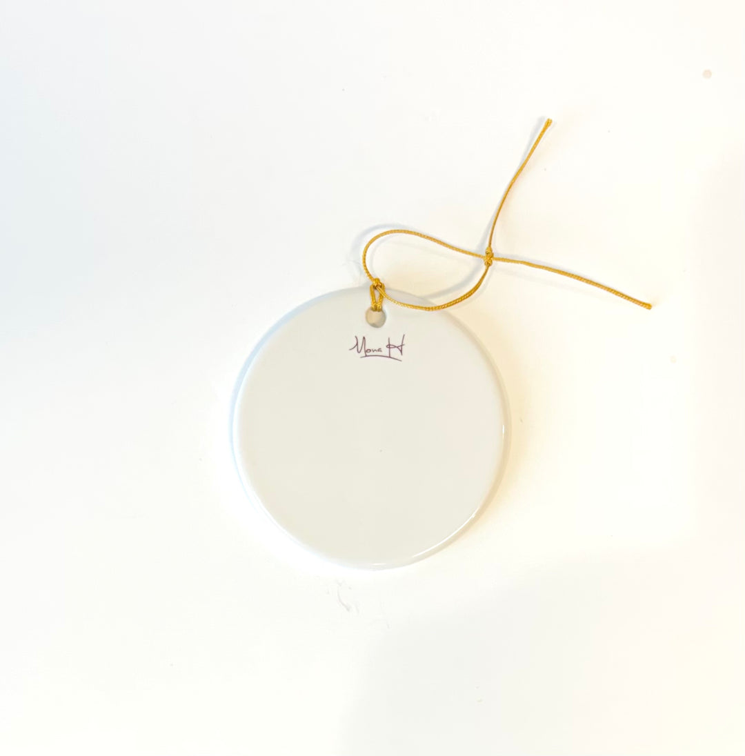 White Round Porcelain Ornament – “Merry and Bright” Christmas Tree, 2.75”