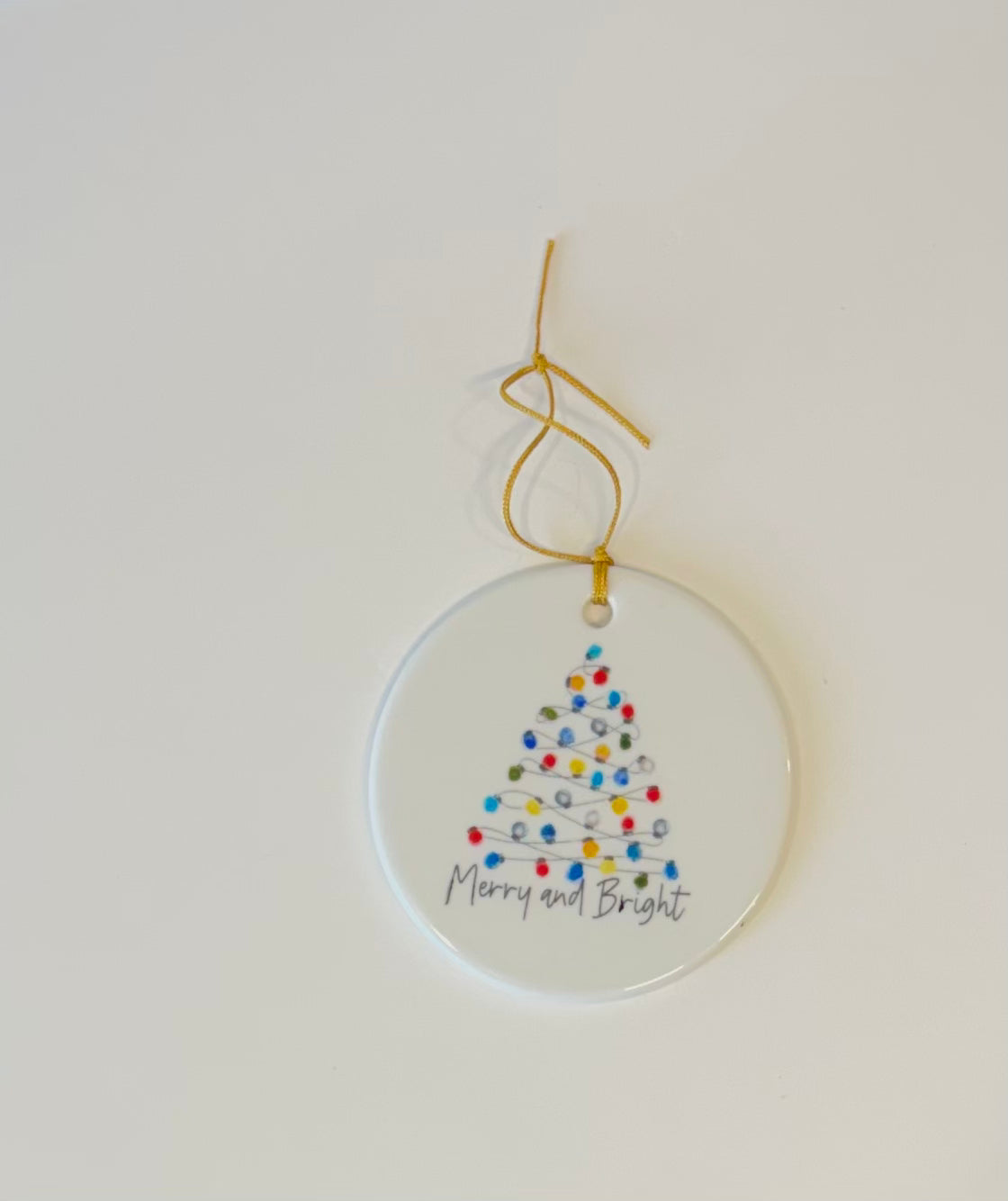 White Round Porcelain Ornament – “Merry and Bright” Christmas Tree, 3”