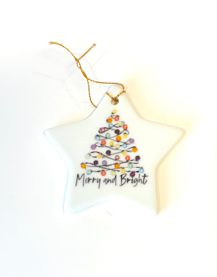 White Star Porcelain Ornament – “Merry and Bright” Christmas Tree, 3.5”