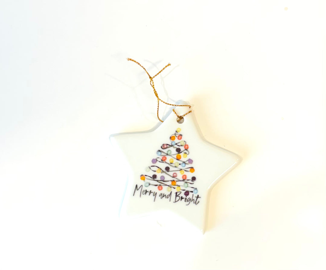 White Star Porcelain Ornament – “Merry and Bright” Christmas Tree, 3.5”