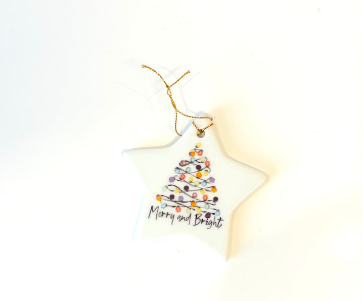 White Star Porcelain Ornament – “Merry and Bright” Christmas Tree, 3.5”