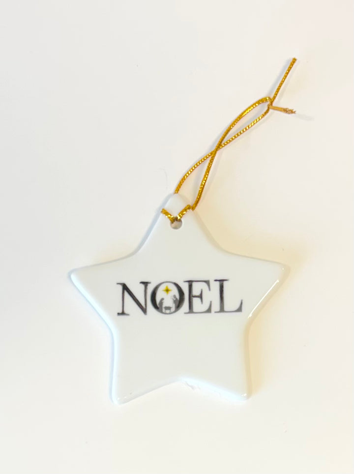 White Star Porcelain Ornament – “Noel” with Manger Scene, 3.5”