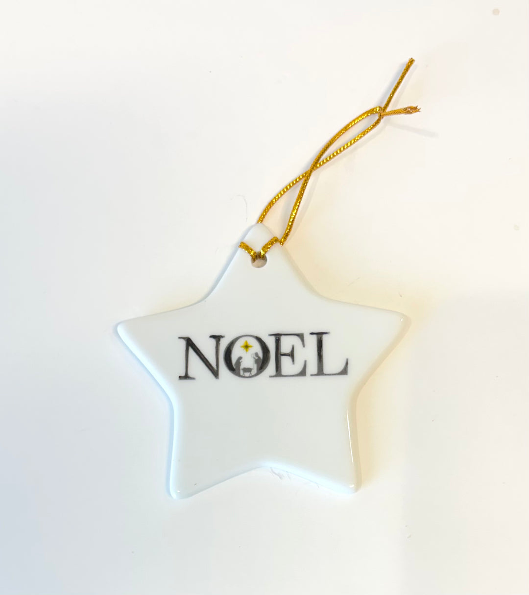 White Star Porcelain Ornament – “Noel” with Manger Scene, 3.5”