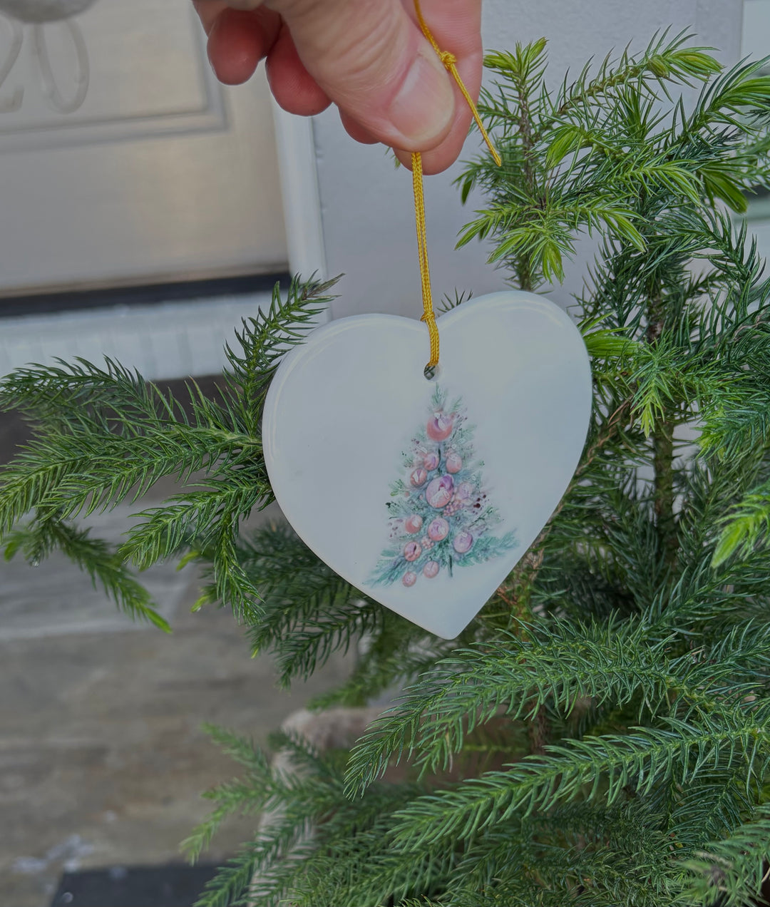 White Heart Porcelain Ornament with a hand painted Christmas Tree 3.5"