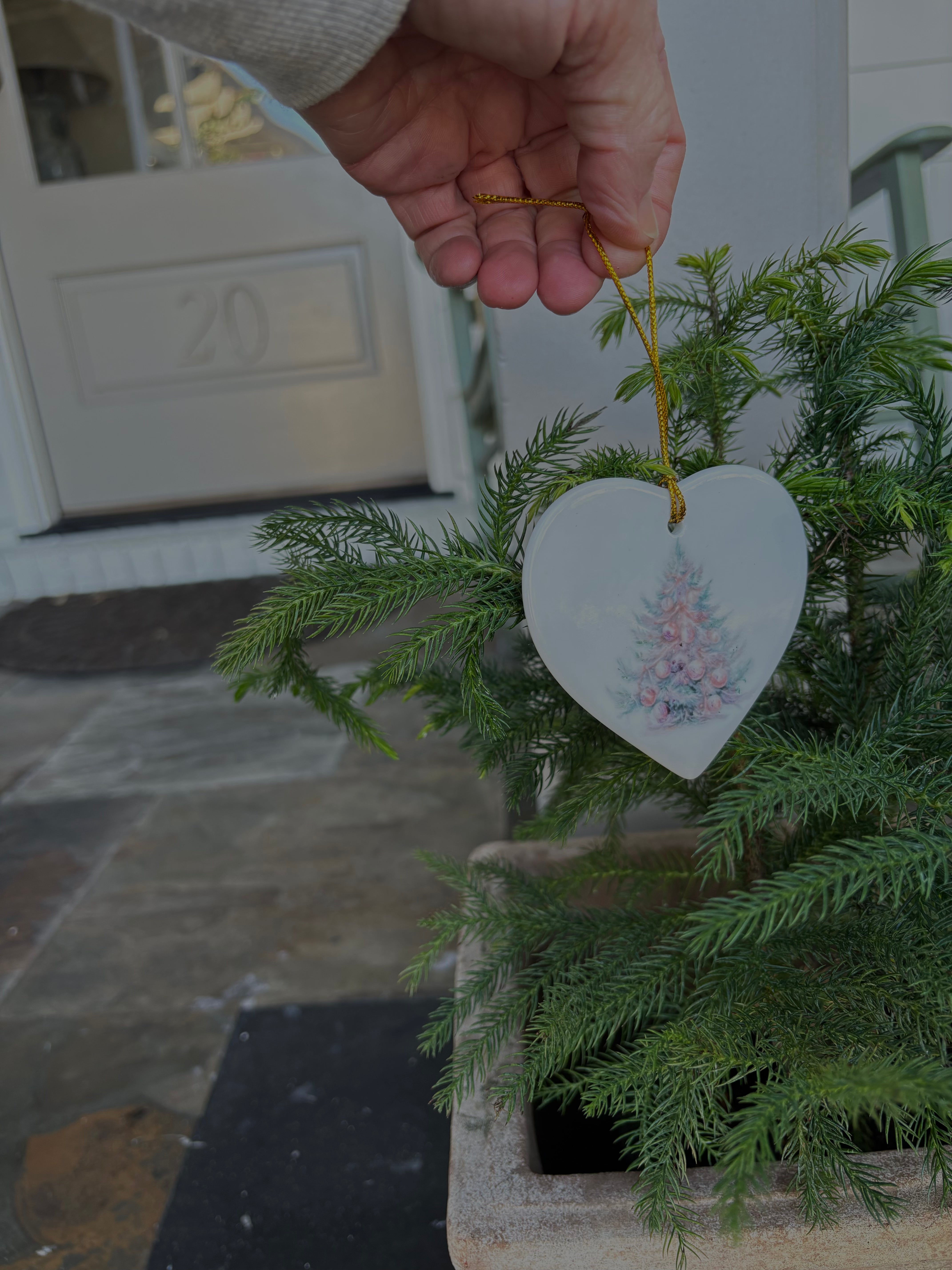 Hand-Painted Christmas Tree on a White Porcelain Heart Ornament