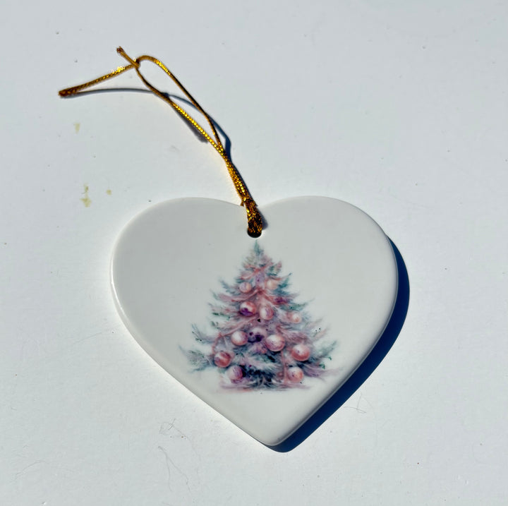 Hand-Painted Christmas Tree on a White Porcelain Heart Ornament