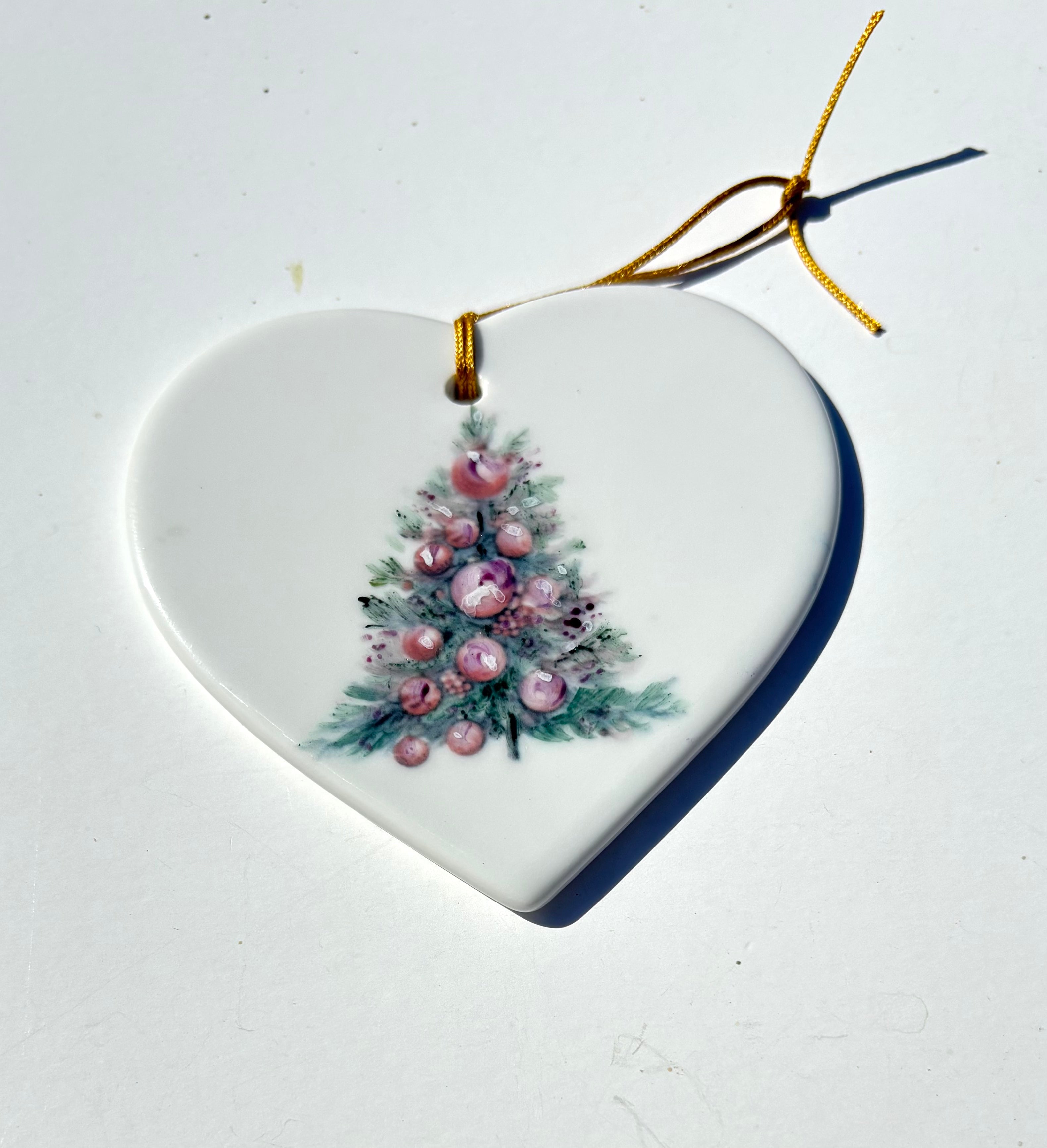 White Heart Porcelain Ornament with a hand painted Christmas Tree 3.5"