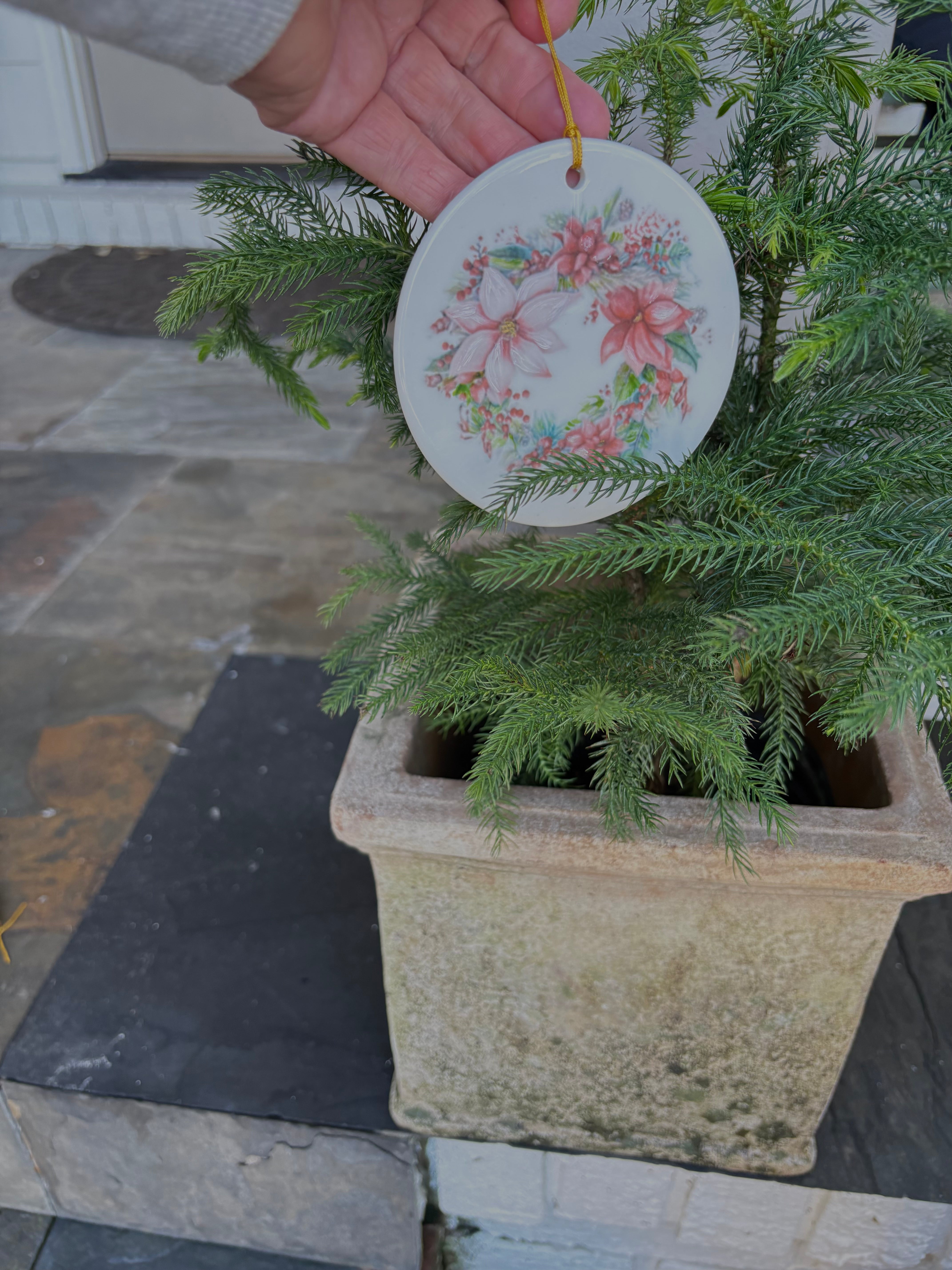 White Round Porcelain Ornament 3.75" with a hand painted wreath