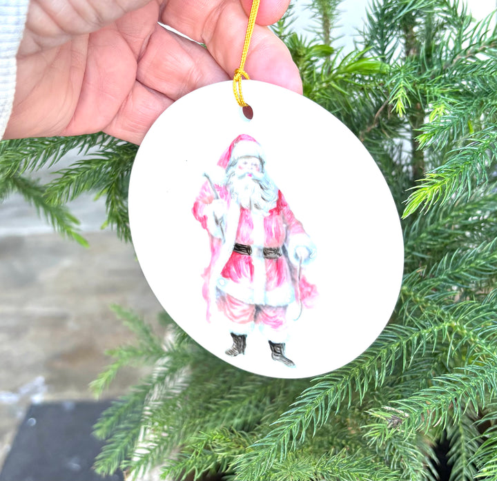 White Circle Porcelain Ornament with Santa