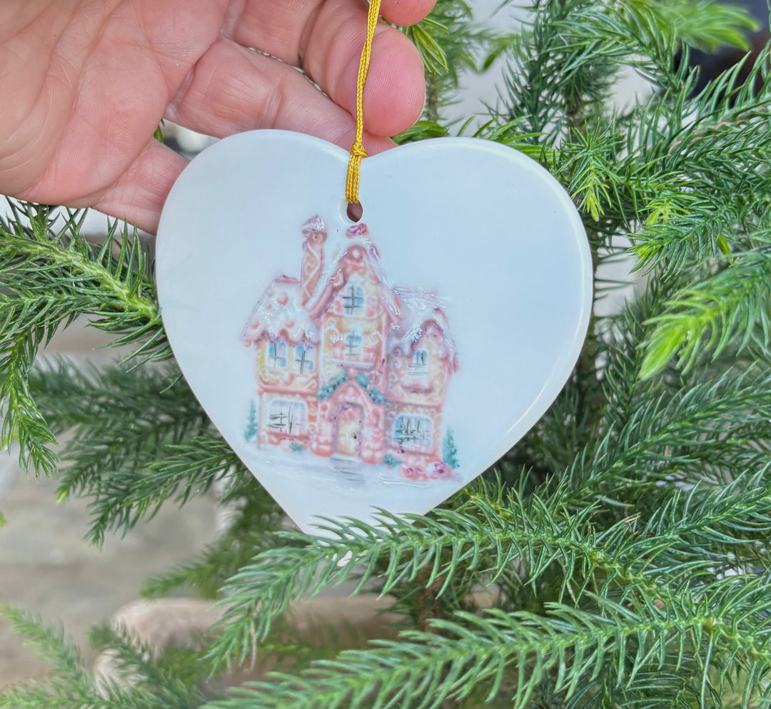 White Heart Porcelain Ornament with Gingerbread House – 3.25"