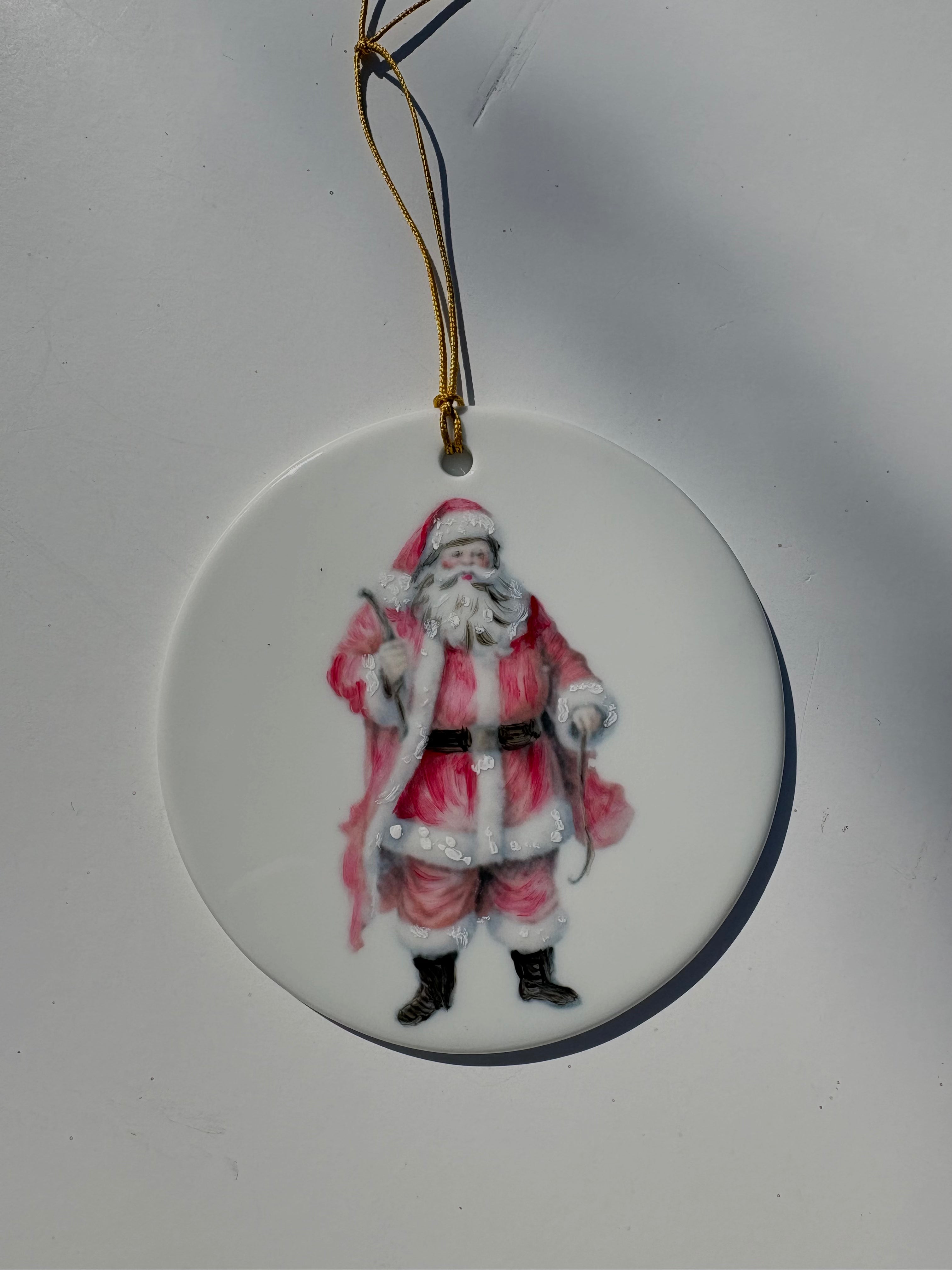 Large Round White Porcelain Ornament 3.75" with a Santa Claus