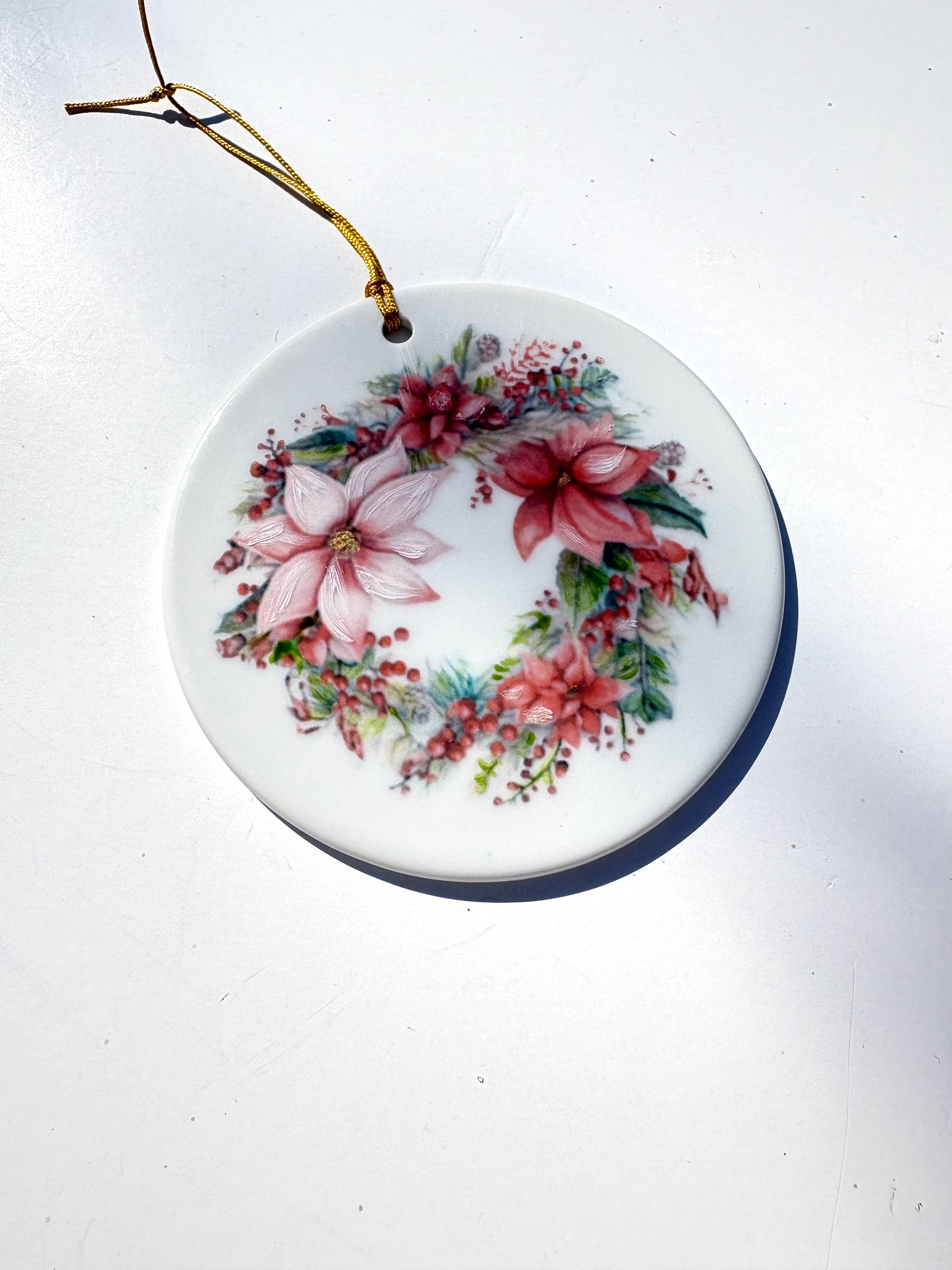 White Round Porcelain Ornament 3.75" with a hand painted wreath