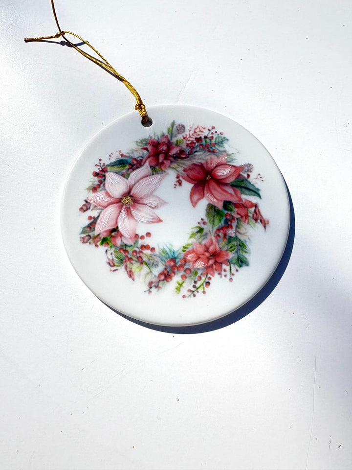 White Round Porcelain Ornament 3.75" with a hand painted wreath
