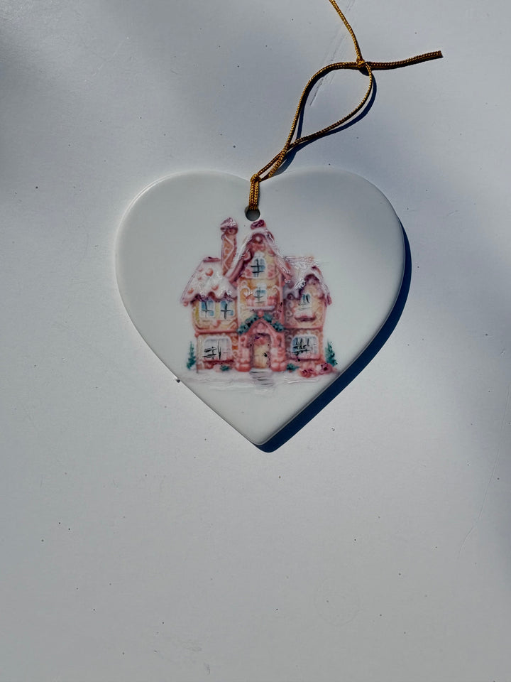 White Heart Porcelain Ornament with Gingerbread House – 3.25"