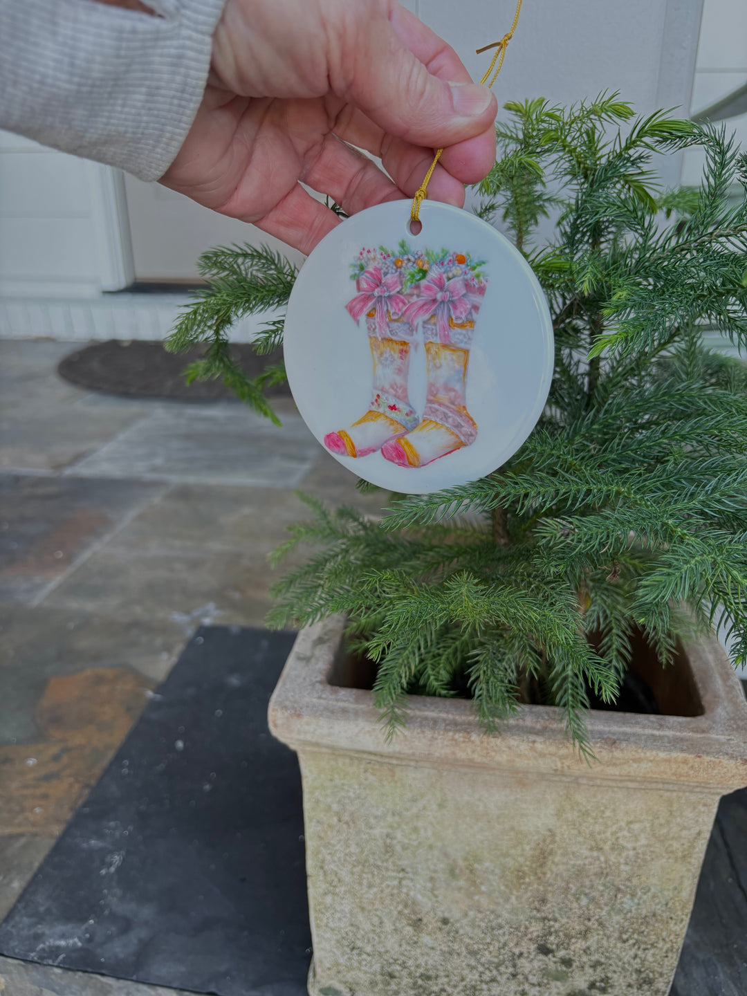 Stocking Ornament on a 3.75" Round White Porcelain