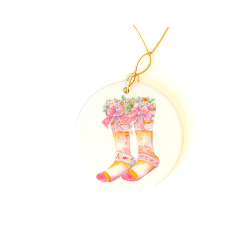 Stocking Ornament on a 3.75" Round White Porcelain