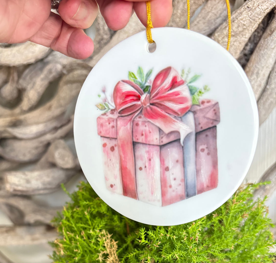 Hand-Painted Present Porcelain Ornament – 3.75" Round