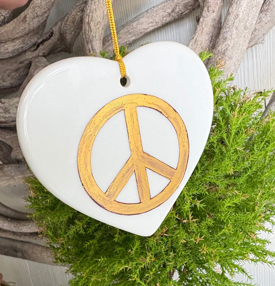 White Porcelain Heart Ornament with Gold Peace Sign