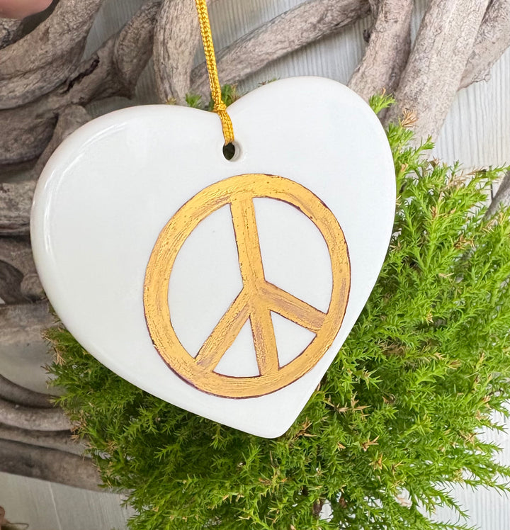 White Porcelain Heart Ornament with Gold Peace Sign