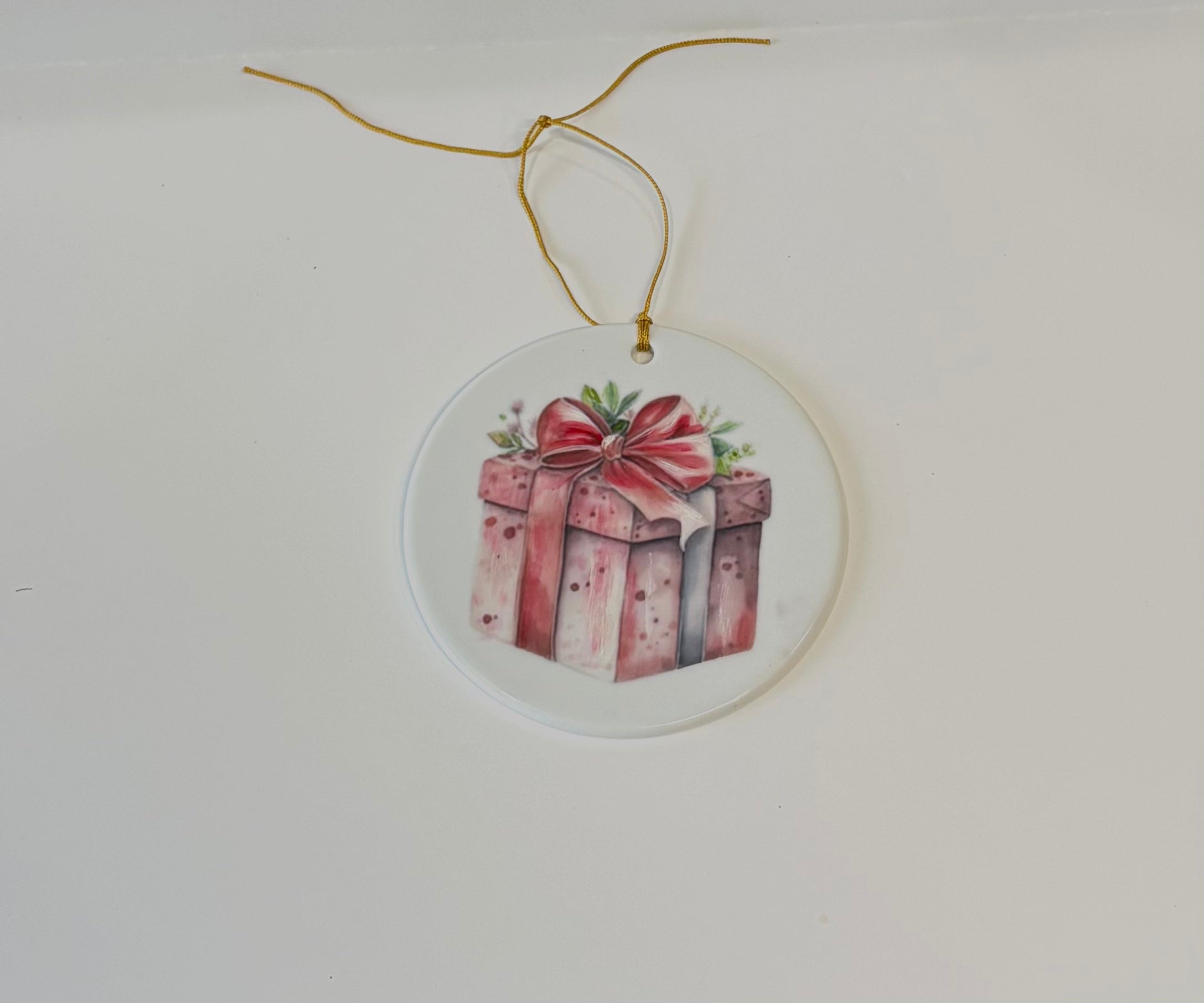 Hand-Painted Present Porcelain Ornament – 3.75" Round