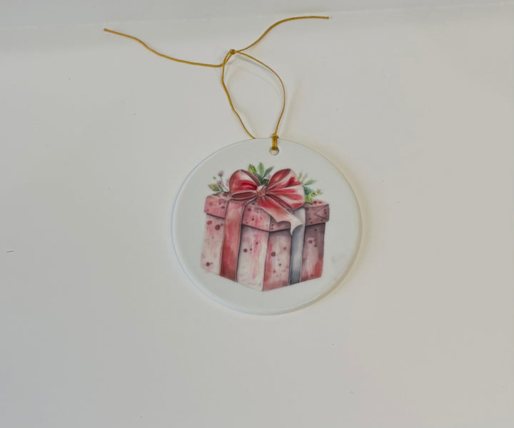 Hand-Painted Present Porcelain Ornament – 3.75" Round