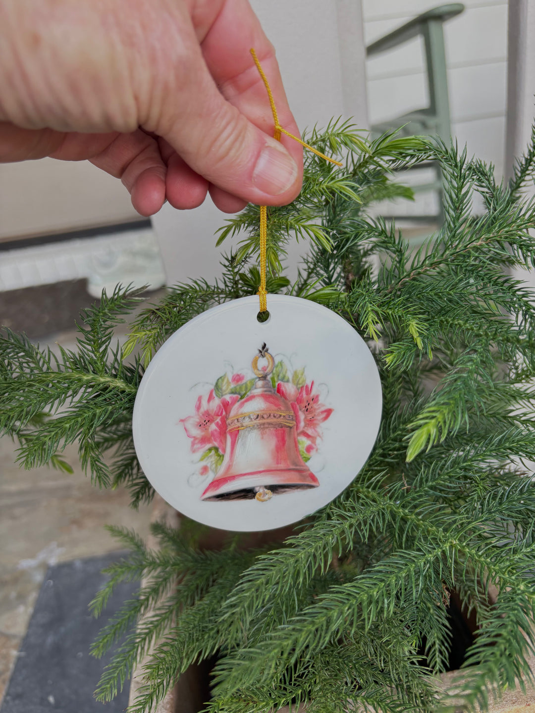 Christmas Bell on a large 3.75" White Porcelain Ornament