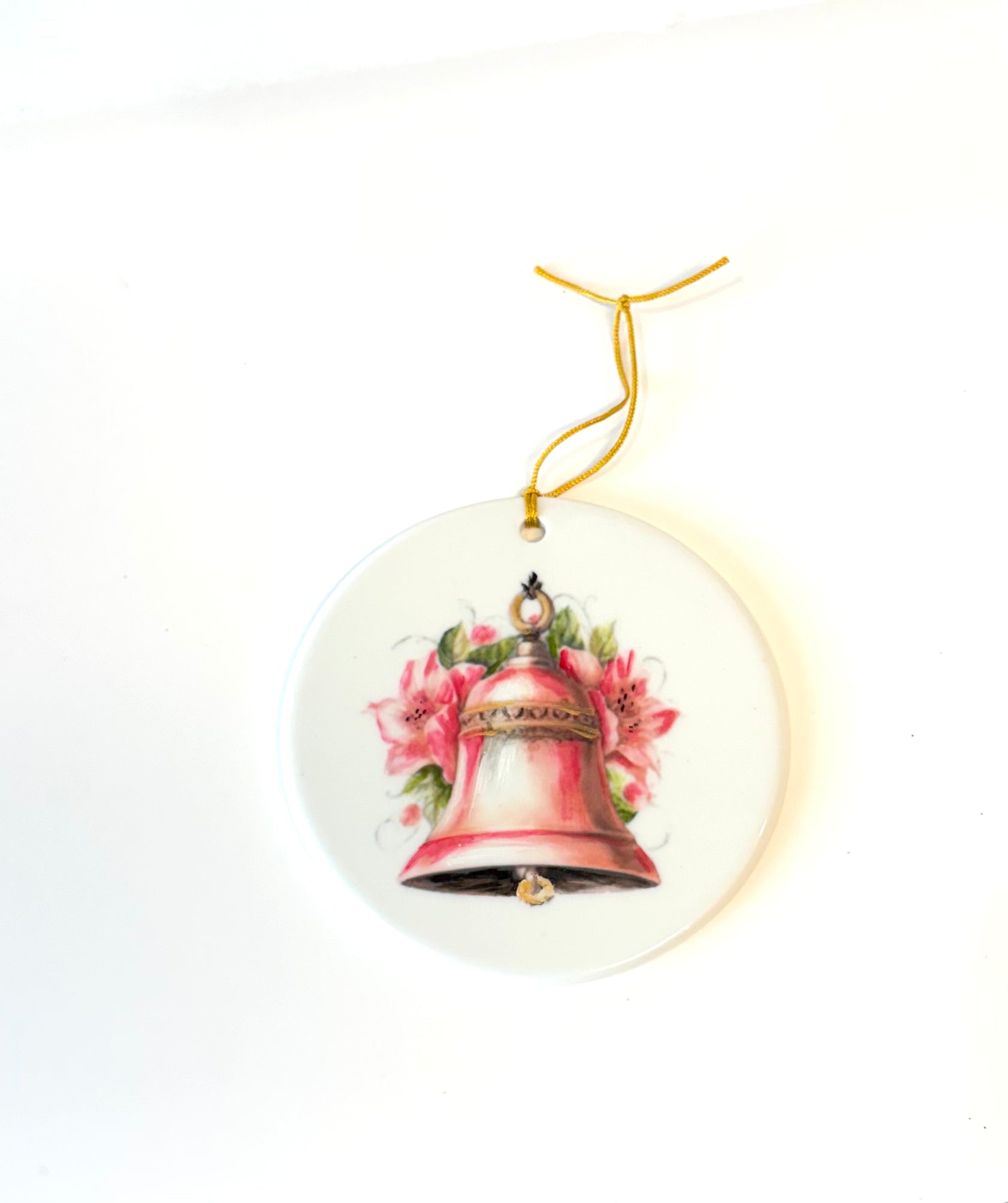 Christmas Bell on a large 3.75" White Porcelain Ornament