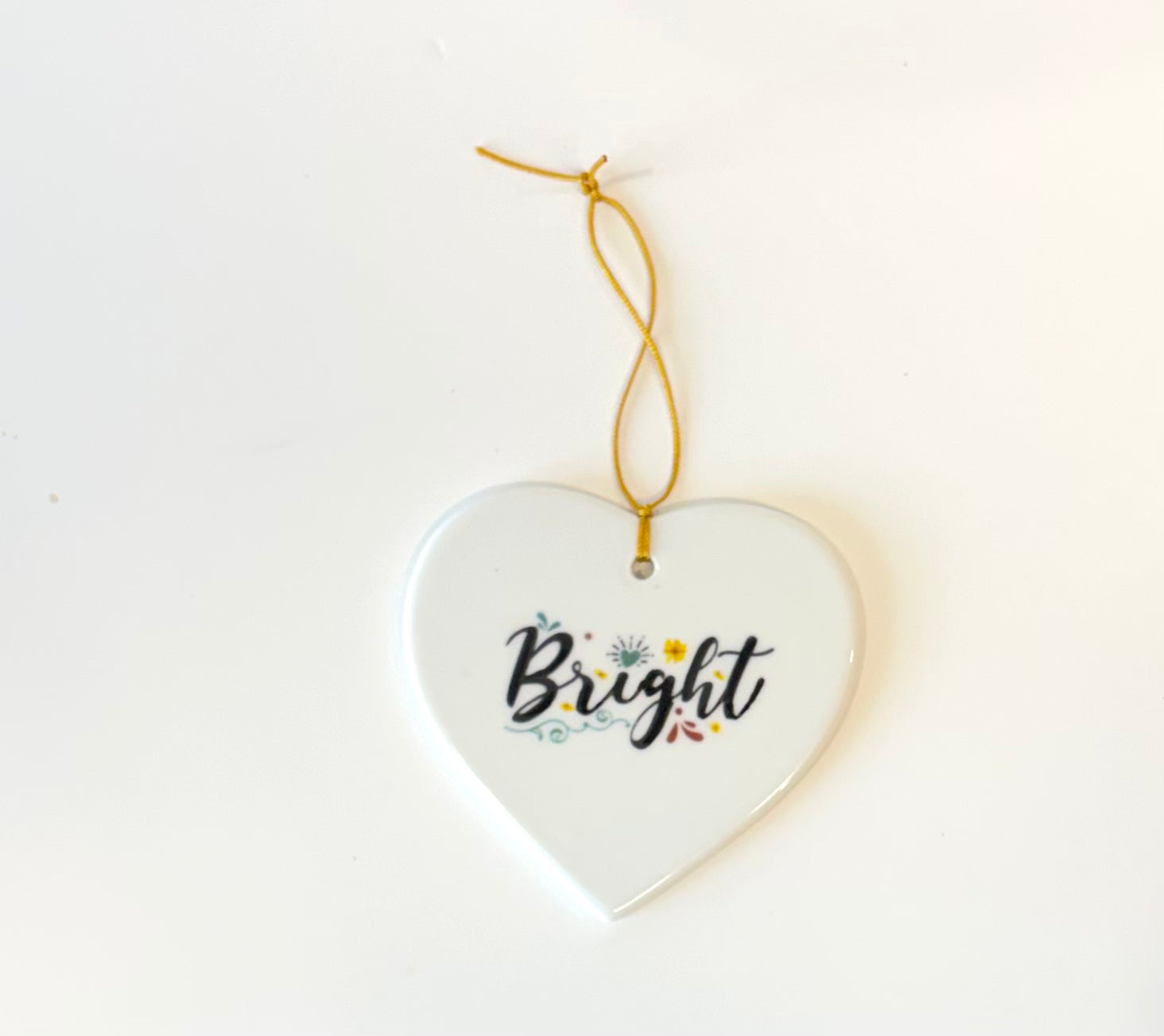 White Porcelain Heart 3.5" Ornament with the word Bright