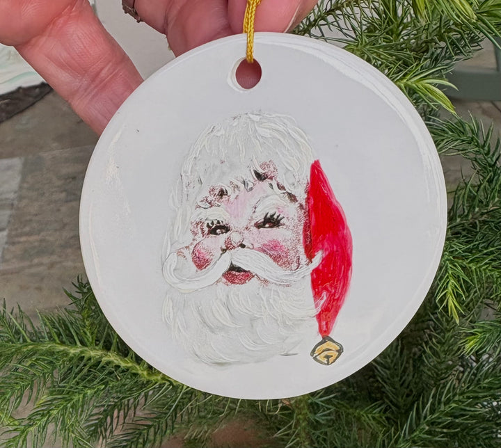 White Porcelain 2.75" Round Ornament With A Santa Face