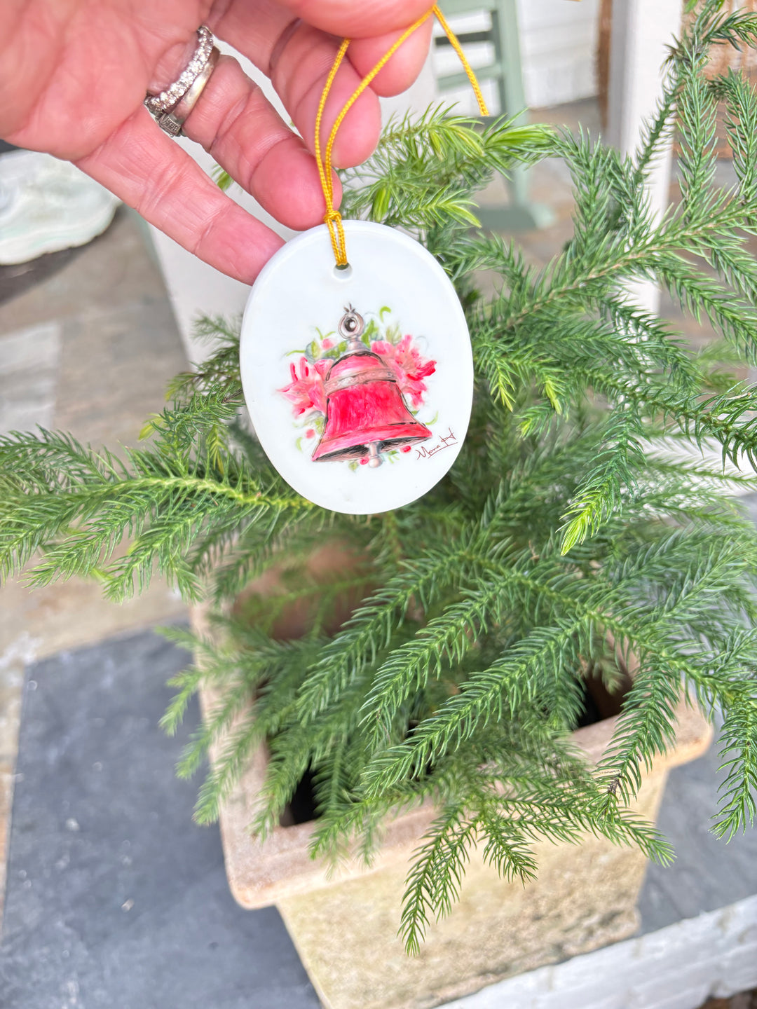 Oval White Porcelain Ornament 2.25 x 3.25 Hand Painted With A Bell