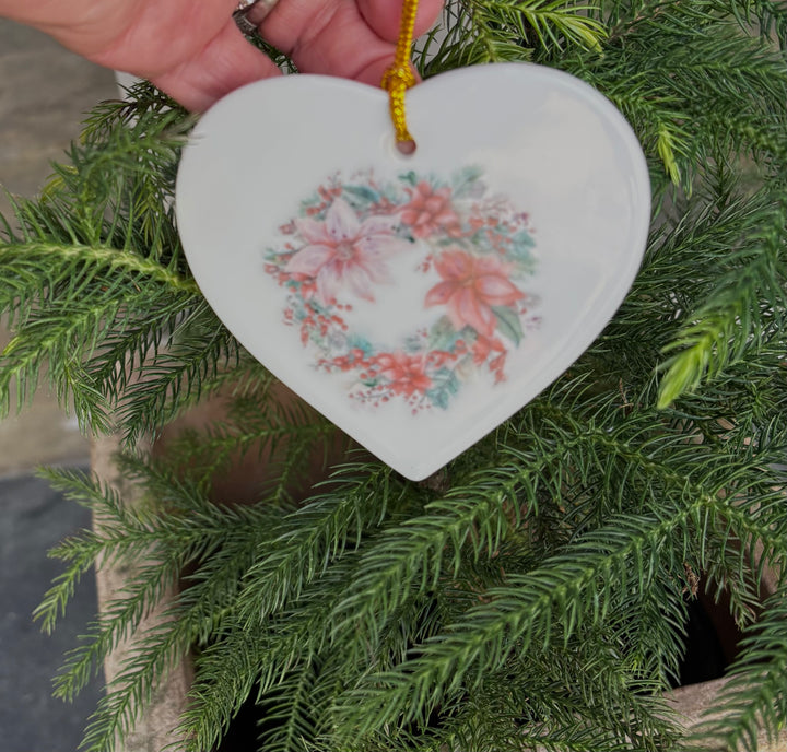 White Heart Porcelain 3.5" Ornament With A Wreath