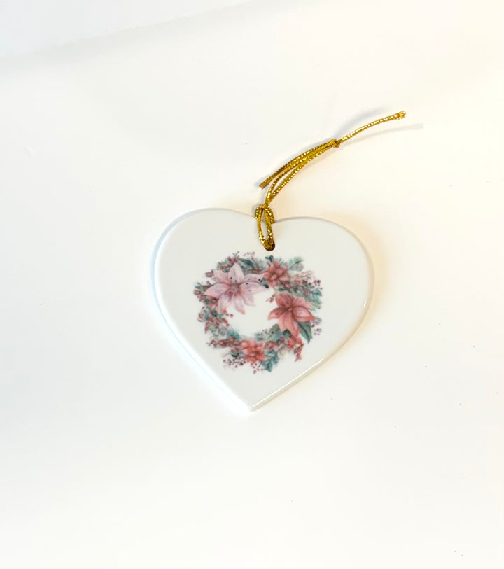 White Heart Porcelain 3.5" Ornament With A Wreath