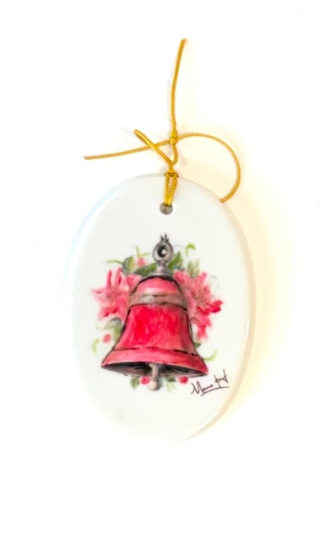Oval White Porcelain Ornament 2.25 x 3.25 Hand Painted With A Bell