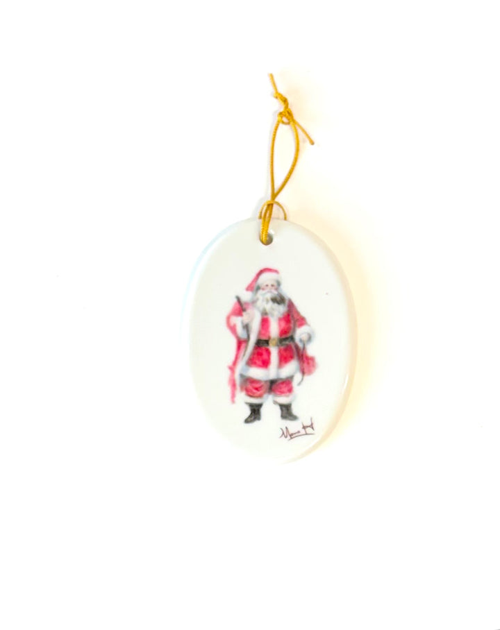 White Oval Porcelain 2.25 x 3.25 Ornament with a Santa Claus