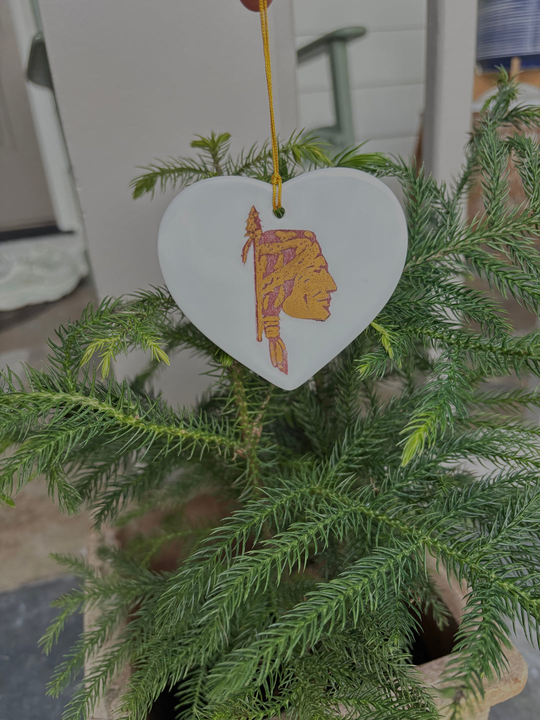 White Porcelain Heart 3.25" Ornament with a Indian Head