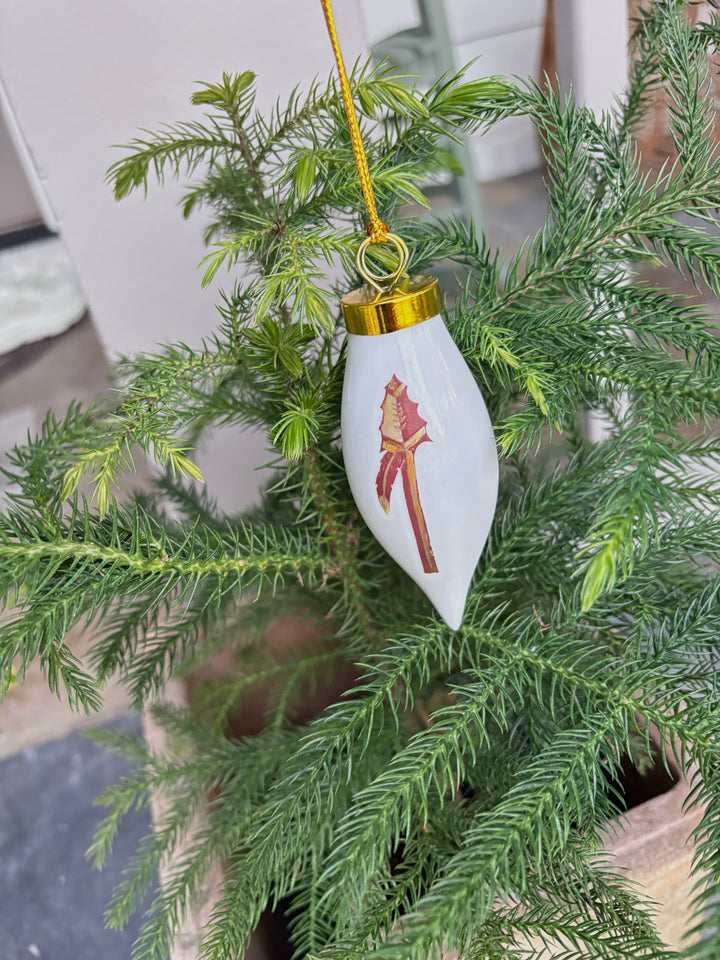 White Teardrop Ornament with a Hand Painted Spear