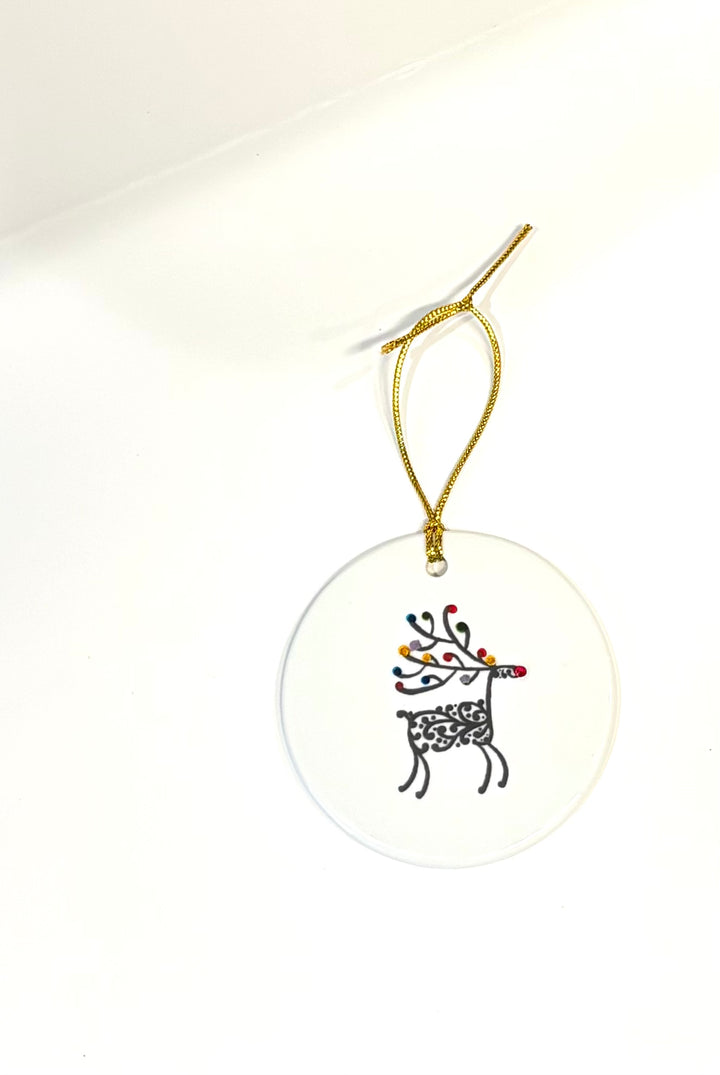 Round 3" White Porcelain Ornament with a Reindeer