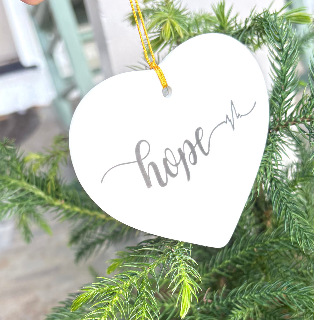White Porcelain Heart Ornament – “Hope” (3.5")