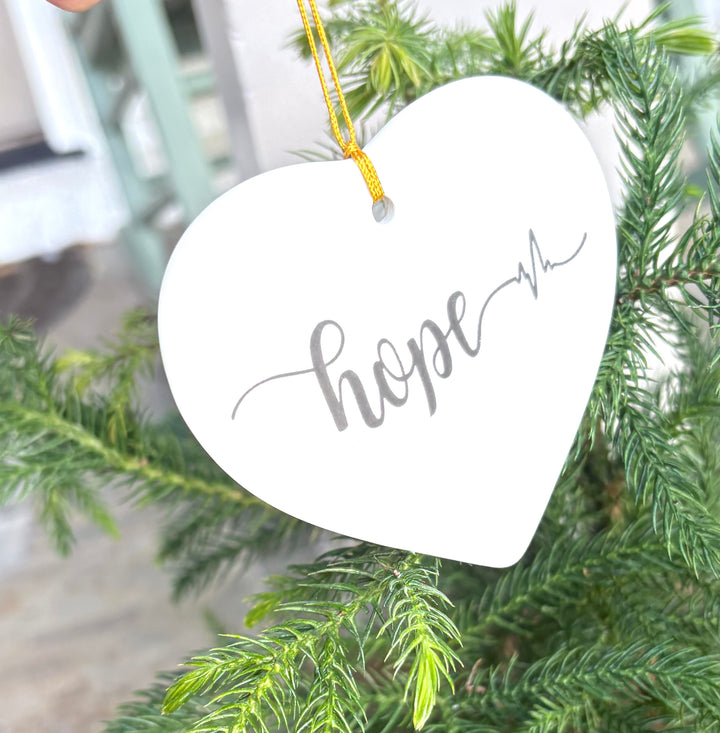 White Porcelain Heart Ornament – “Hope” (3.5")