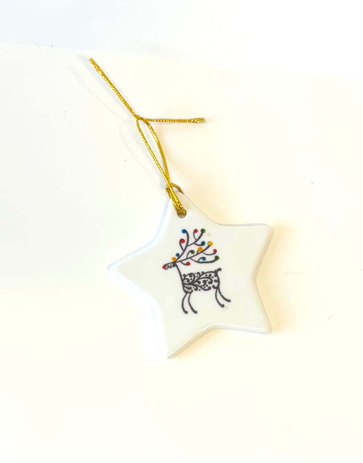 White Porcelain Star Ornament with Hand-Painted Reindeer (3.5")