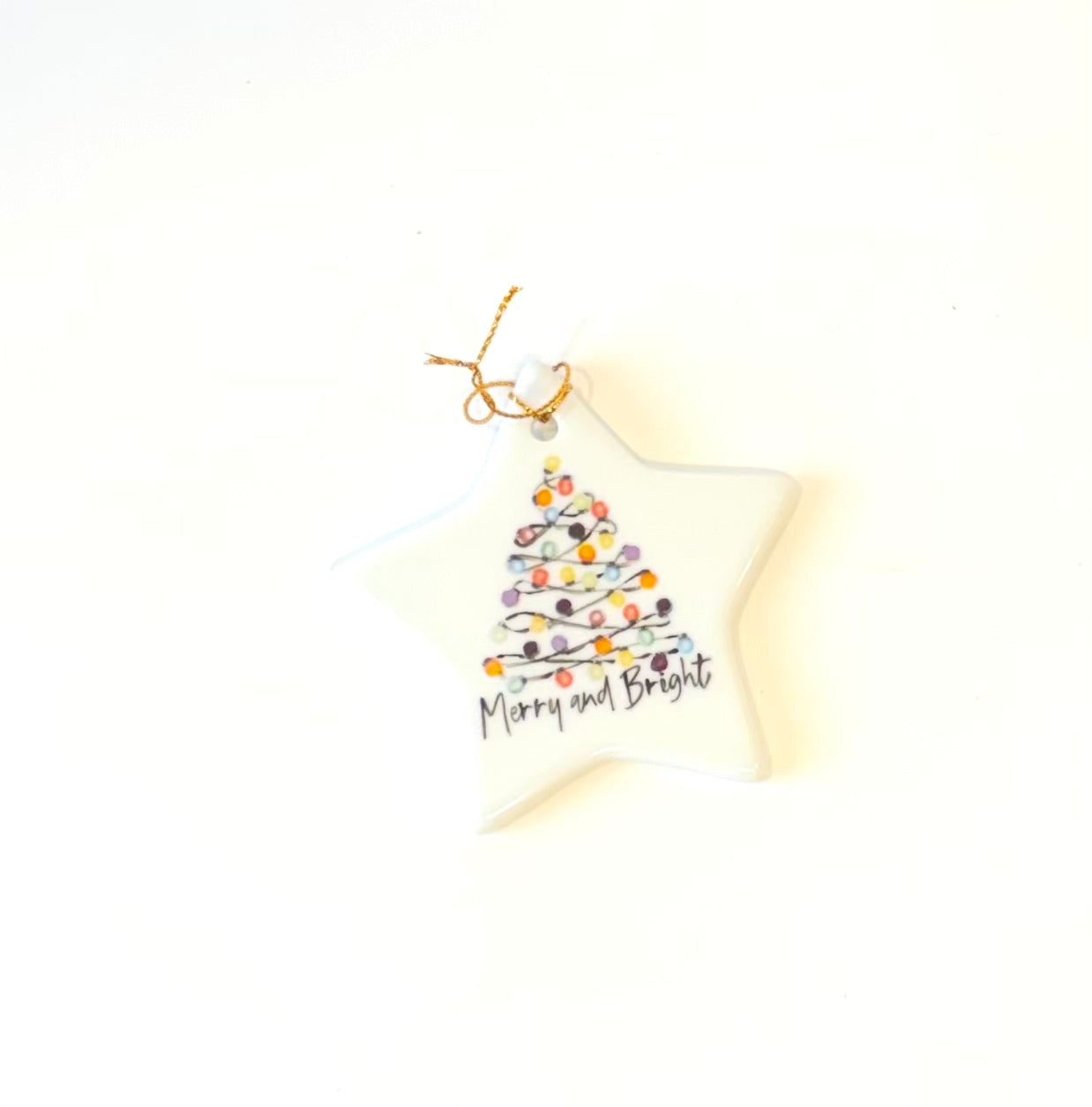White Porcelain Star Ornament 3.5" with a Hand Painted Christmas Tree