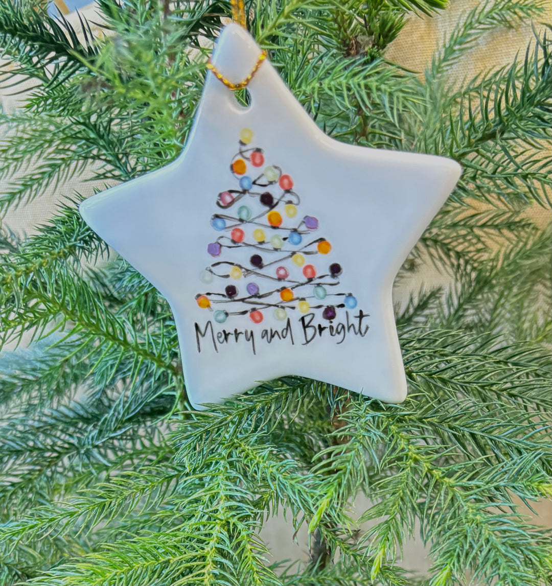 White Porcelain Star Ornament 3.5" with a Hand Painted Christmas Tree