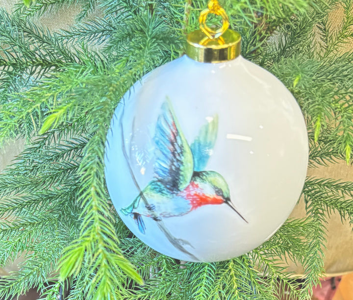 Hand-Painted Hummingbird White Porcelain Ornament – 3.5"