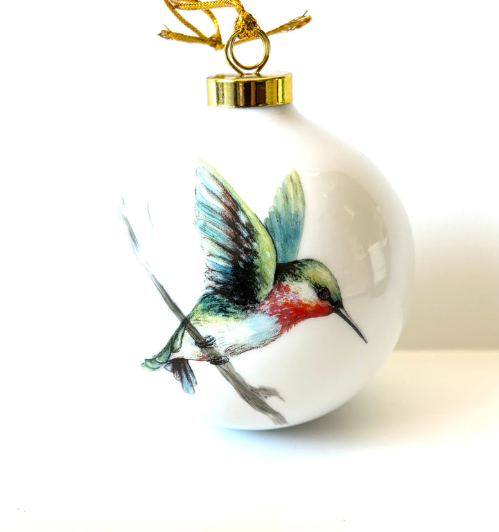Hand-Painted Hummingbird White Porcelain Ornament – 3.5"