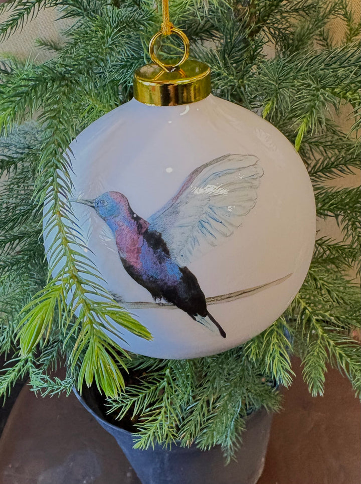 White Porcelain 3.5" Ornament – Hand-Painted Hummingbird