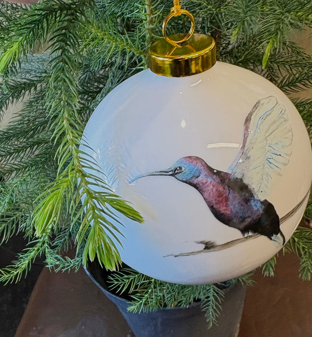 White Porcelain 3.5" Ornament – Hand-Painted Hummingbird
