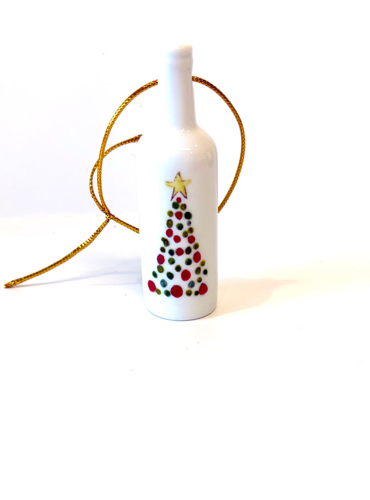 White Porcelain Wine Bottle Ornament – 3.25" Hand-Painted Christmas Tree